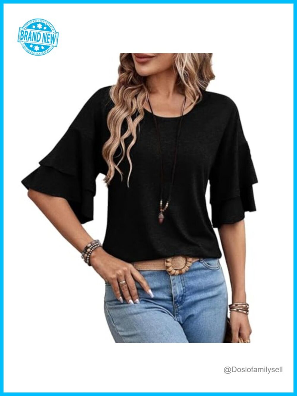 Women's Crew Neck Double Ruffle Short Sleeve T-Shirt Tunic Top